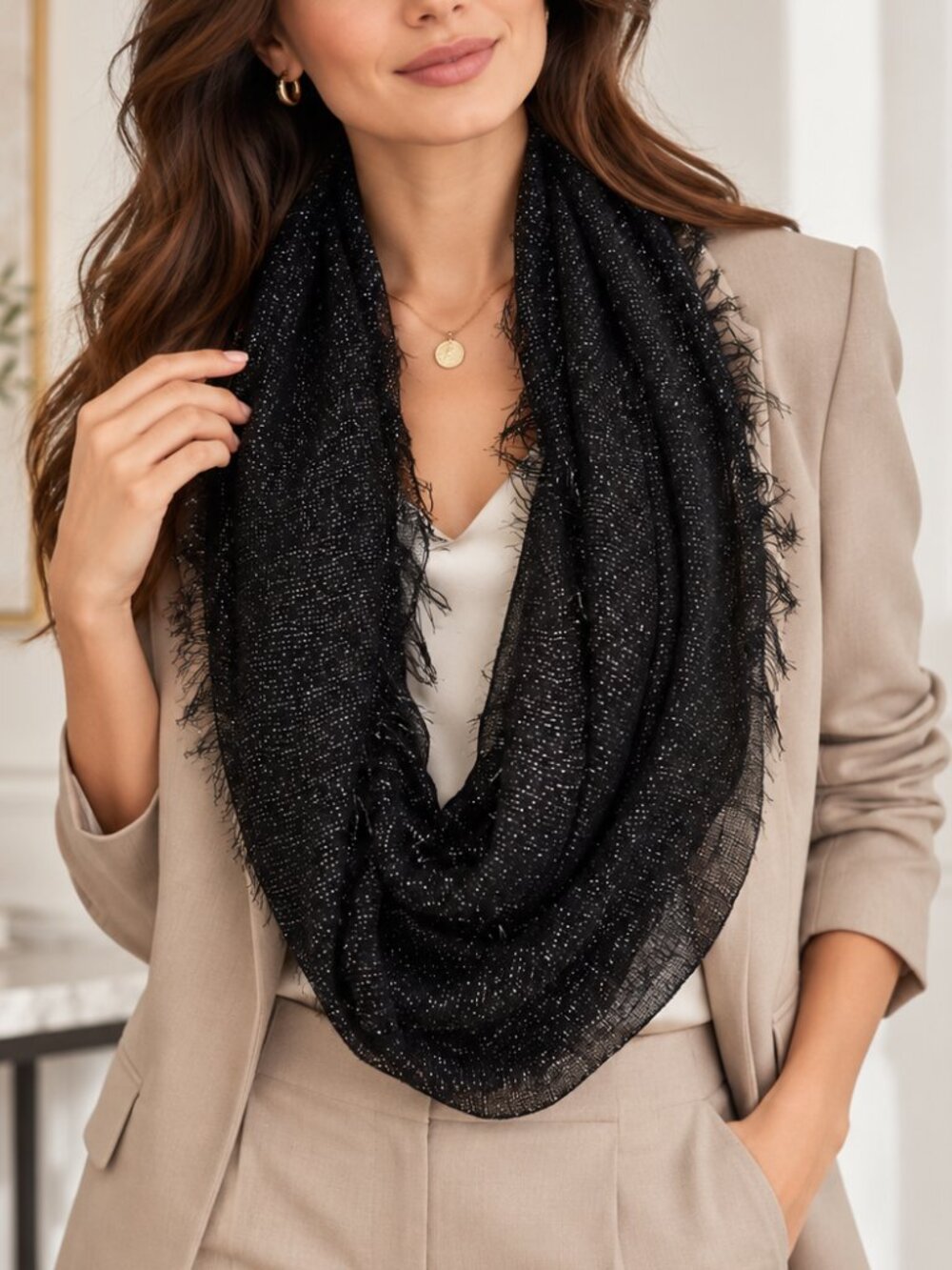 Black Metallic Silver Infinity Scarf Lightweight Fringe Sparkle